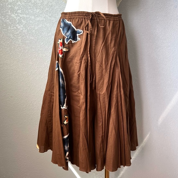 Brown Cotton Skirt Japanese Inspired with Koi Fish Appliqué Artsy Midi Size S - Picture 1 of 8